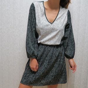 H&M Black & White Dotted Long Sleeve V Neck Dress